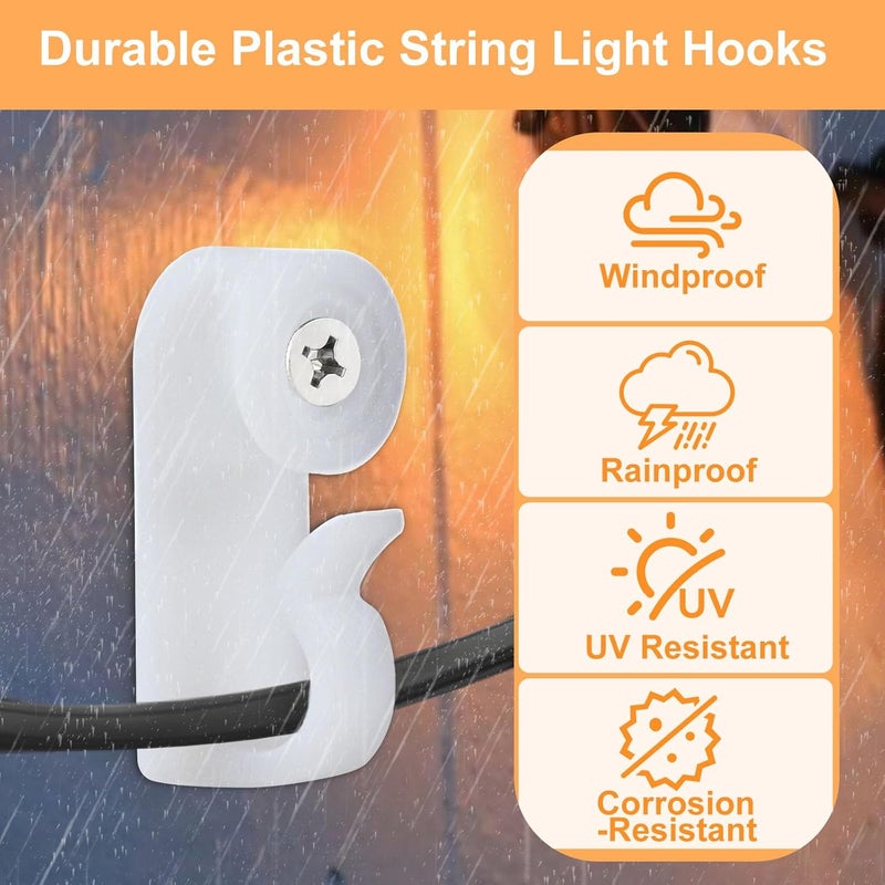 Dapute 50 Pack Hooks for Outdoor String Lights, Christmas Light Clips bulk with Screw, Weatherproof Light Hanger Hooks for Hanging Christmas Lights,Wall Cable,Fairy Lights on Fence Patio Gutter (White) - Image 3